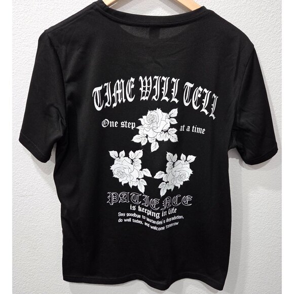 Shein Mens Black Graphic Tee with White Floral Design & Text Print Size S - Picture 1 of 8